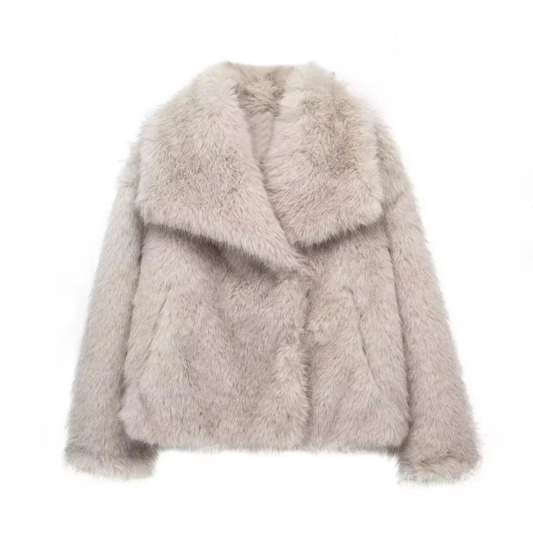 Women Short Woven Fur Coat | Loose Stand Collar Long Sleeve Coat